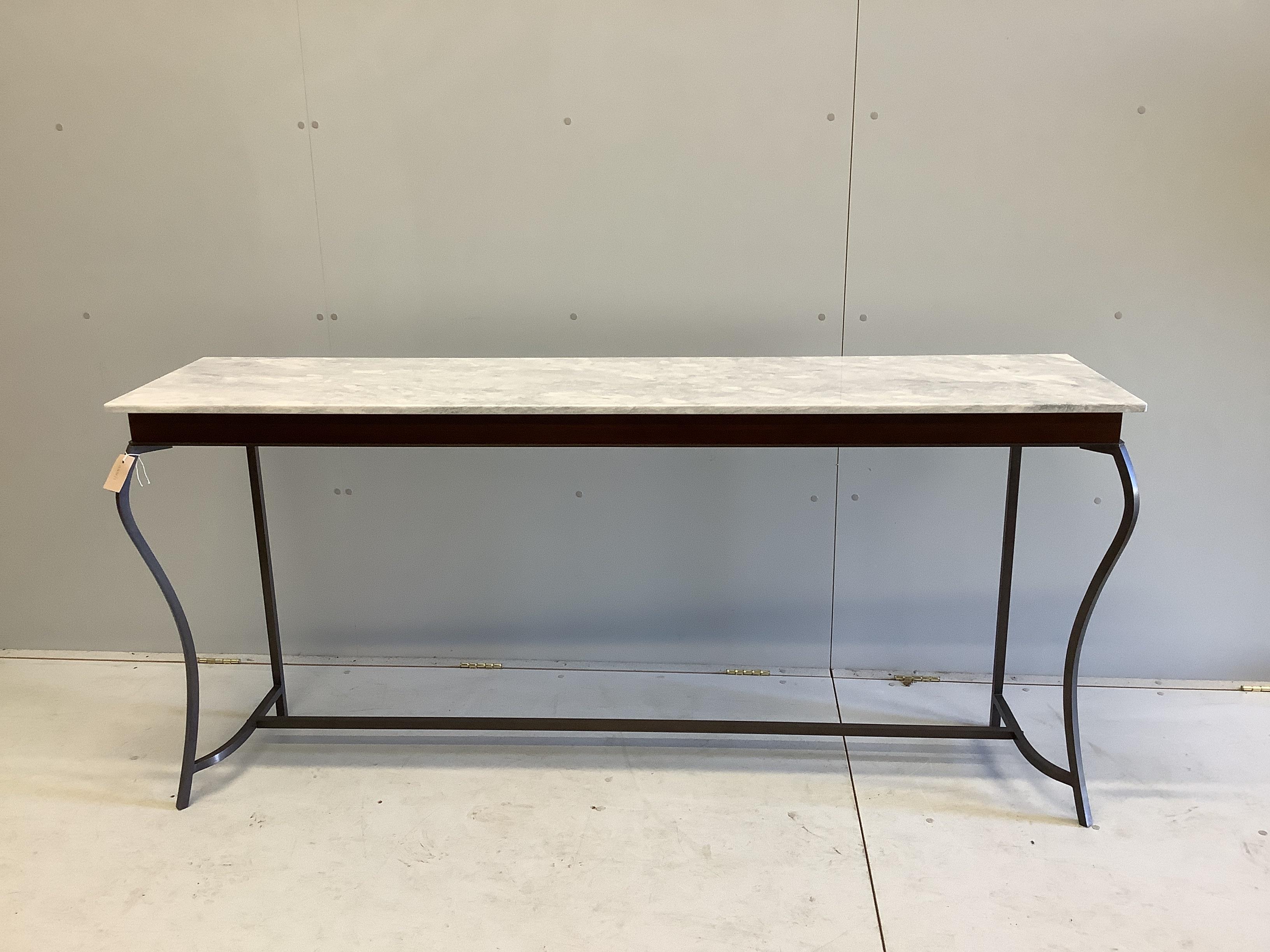 A Tondelli style console table by Thomas James Furniture with Livra UK Ltd White Thames gloss stone top, width 184cm, depth 44cm, height 84cm